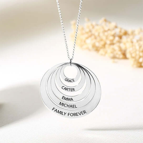 Sterling Silver Engraved Stacked Circles Necklace Family Gift