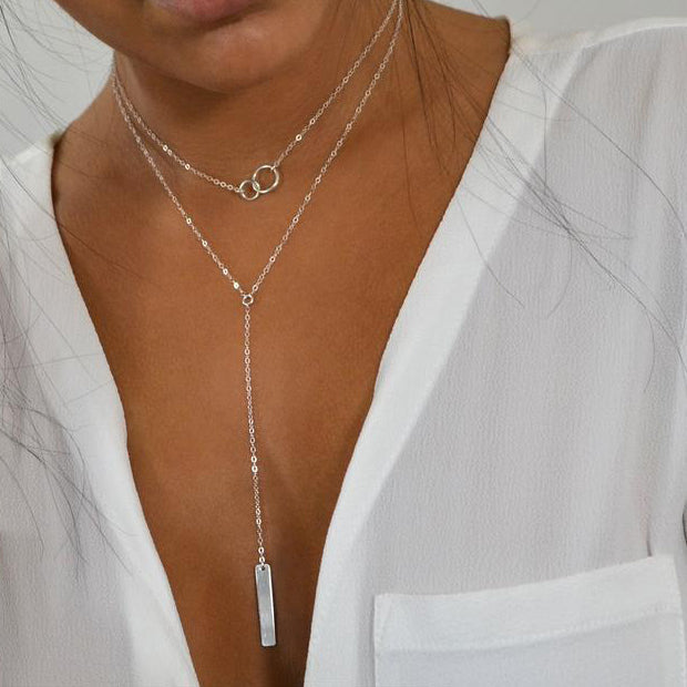 Choker Lariat Y Double Necklace with Bar Drop
