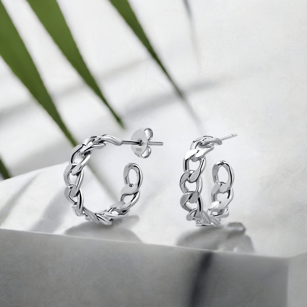 Curb Link Hoop Earrings 925 Silver with Gold Vermeil