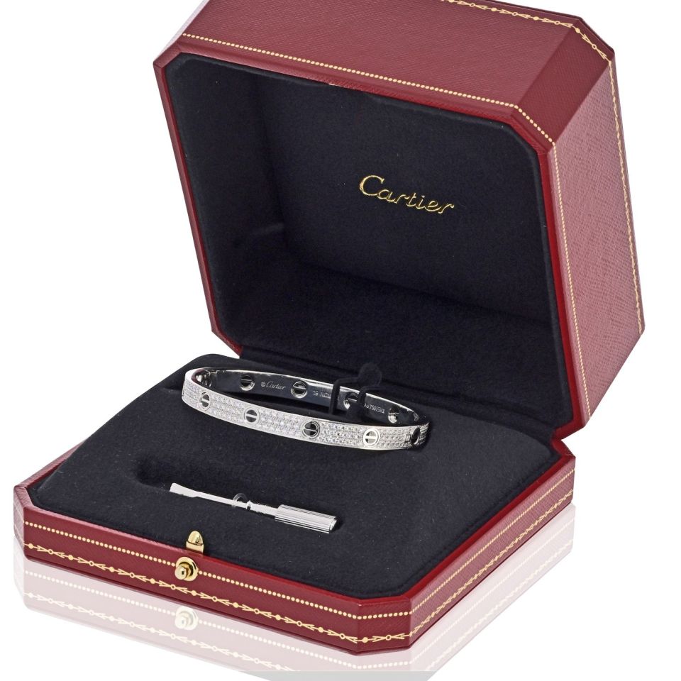 Carthttier Love 18K White Gold Pave Diamonds and Ceramic Motifs Size 19 Bracelet