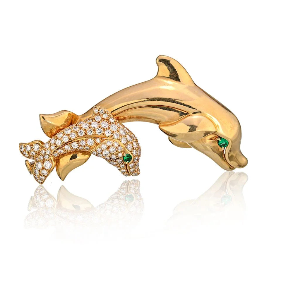 Carthttier French 18K Yellow Gold Diamond Dolphins with Emerald Eyes Brooch
