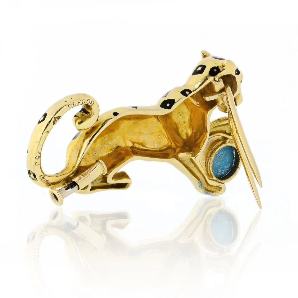 Carthttier Panthere 18K Yellow Gold Panther with Turquoise Ball Brooch