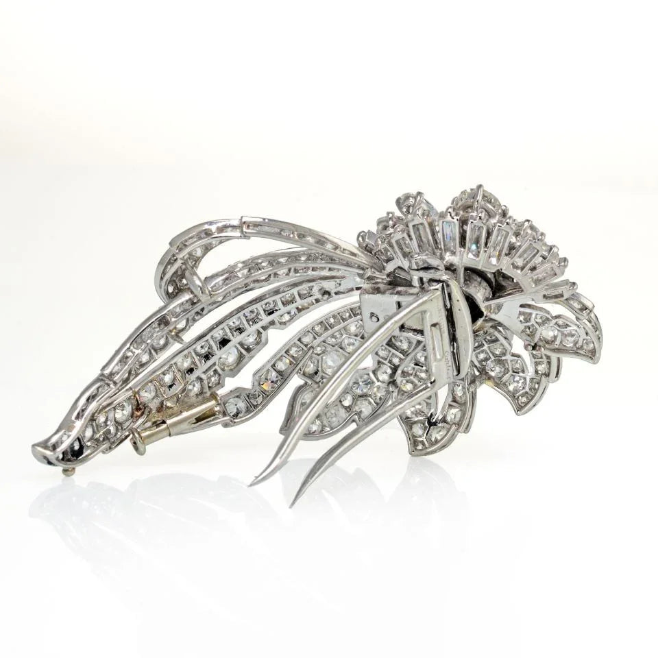 Carthttier 1950's Platinum Foliate Design with Center Cushion Cut Diamond 1.35 E/VS2 GIA Brooch