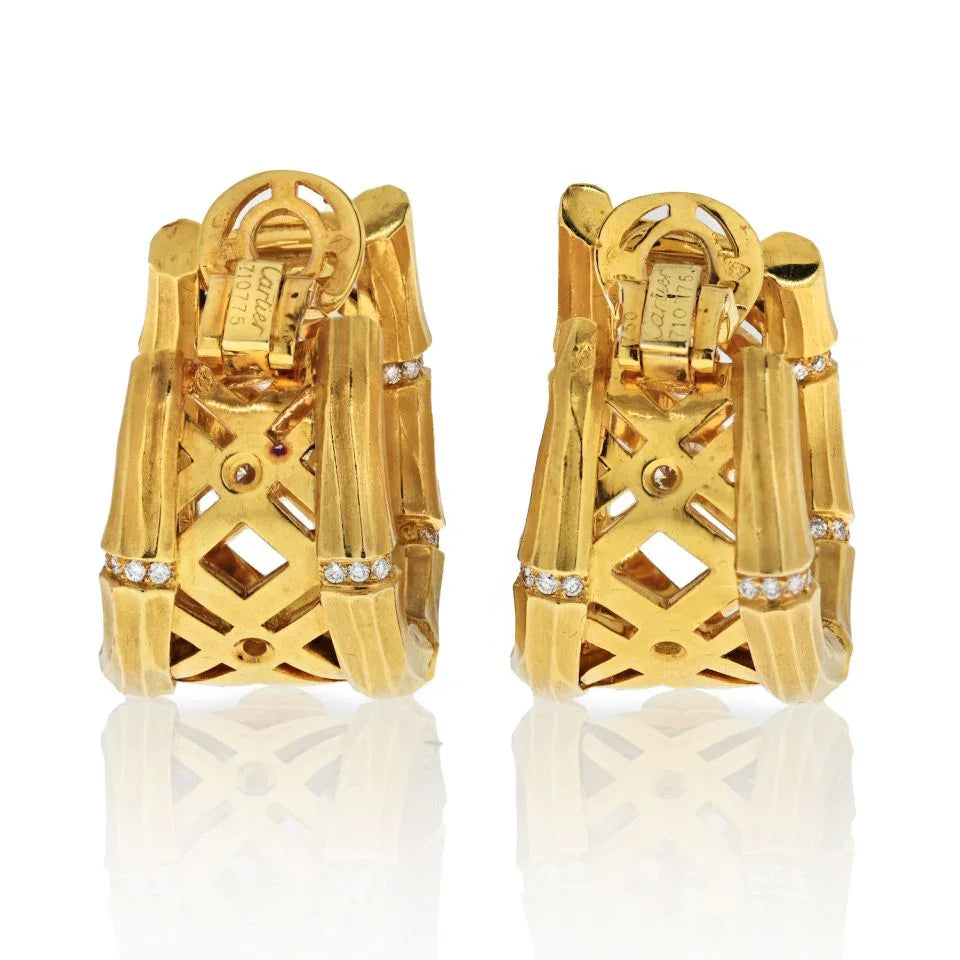 Carthttier 18K Yellow Gold Bamboo 1.50 carats Diamond Huggie Earrings