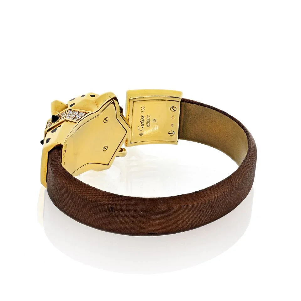 Carthttier 18K Yellow Gold Panthere Head With Chain Silk Bracelet Bracelet