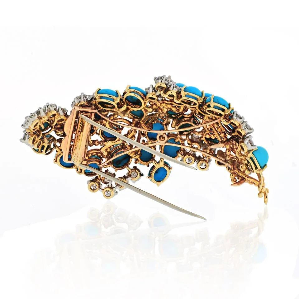 Carthttier 1960's 18K Yellow Gold Turquoise, Diamond Vintage Brooch
