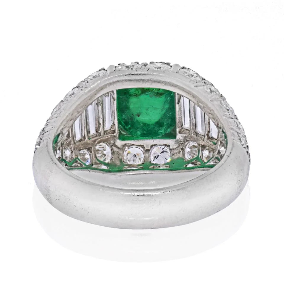Carthttier Platinum Cabochon Emerald And Diamond Vintage Ring