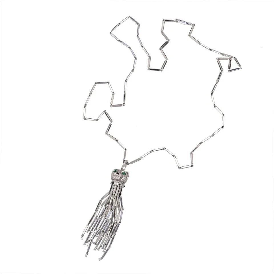 Carthttier 18K White Gold Diamond Panthere Tassel Pendant On A Carthttier Chain Necklace