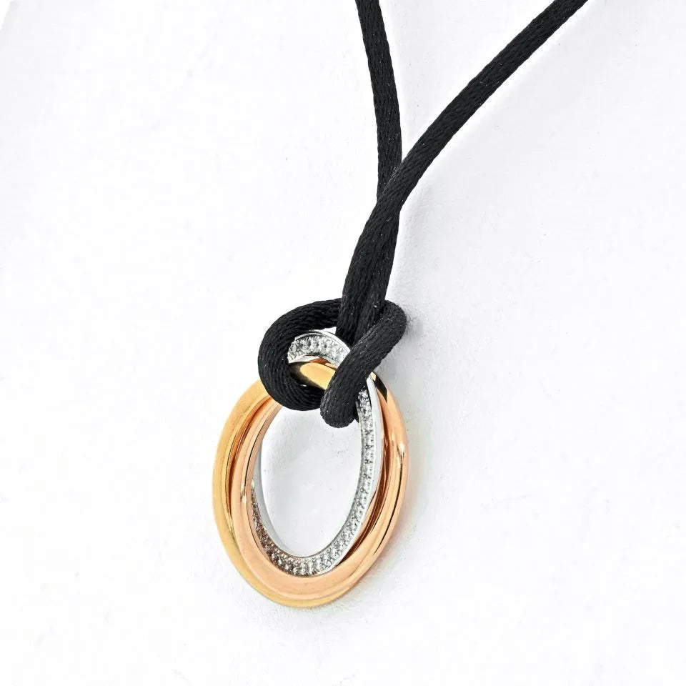 Carthttier 18K Tri Color Trinity With Diamonds Pendant On A Black Cord Necklace