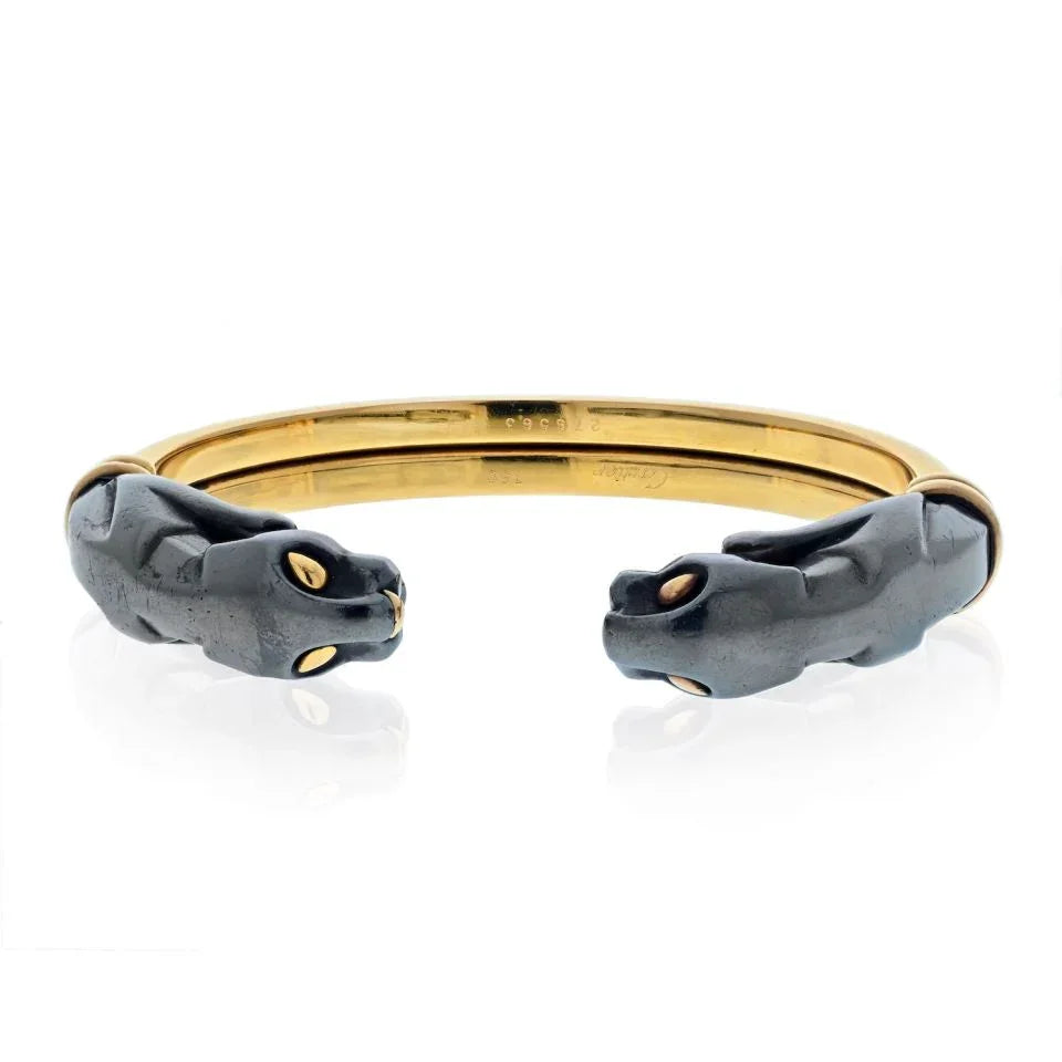 Carthttier 18K Yellow Gold Hematite Double Panthere Cuff Bracelet