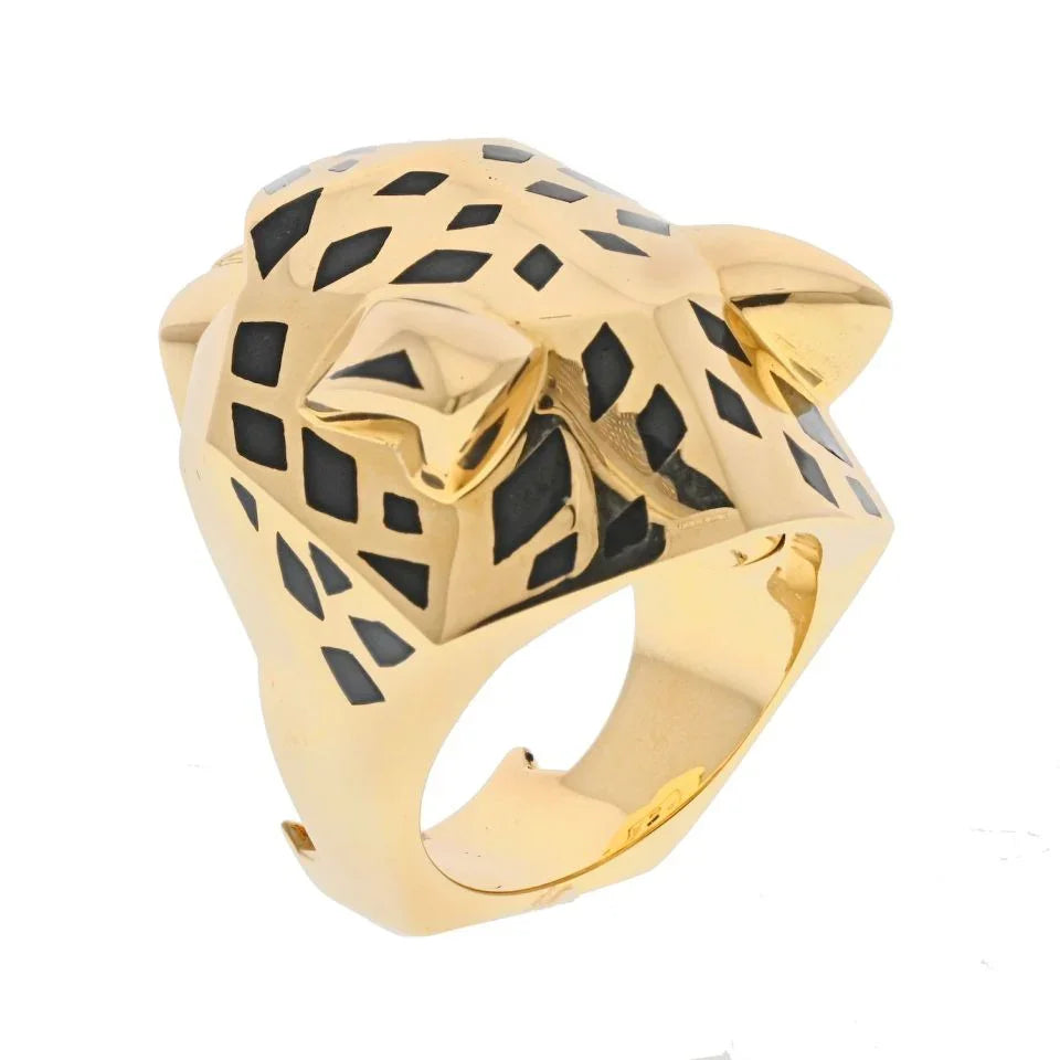 Carthttier 18K Yellow Gold Panthere Head Black Lacquer Solid Ring