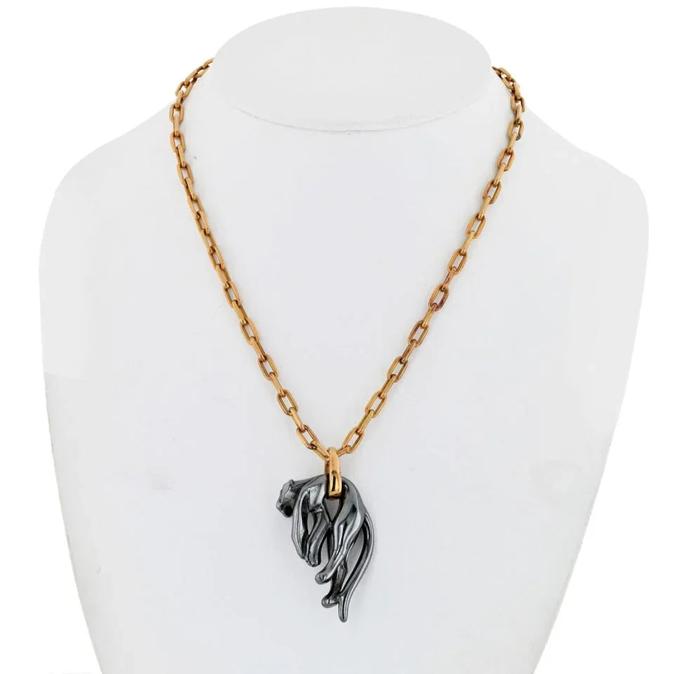Carthttier 18K Yellow Gold Hematite Panthere on A Santos Chain Necklace