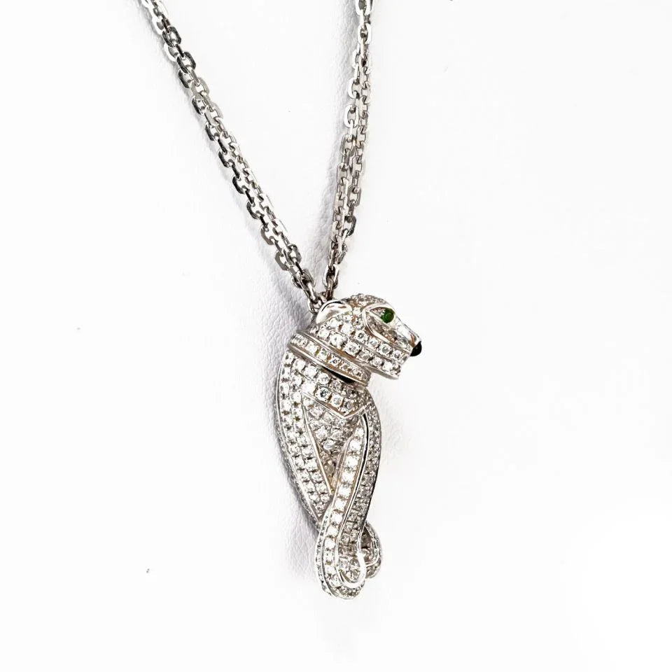 Carthttier 18K White Gold Pave Panthere on a Triple Chain Pendant Necklace