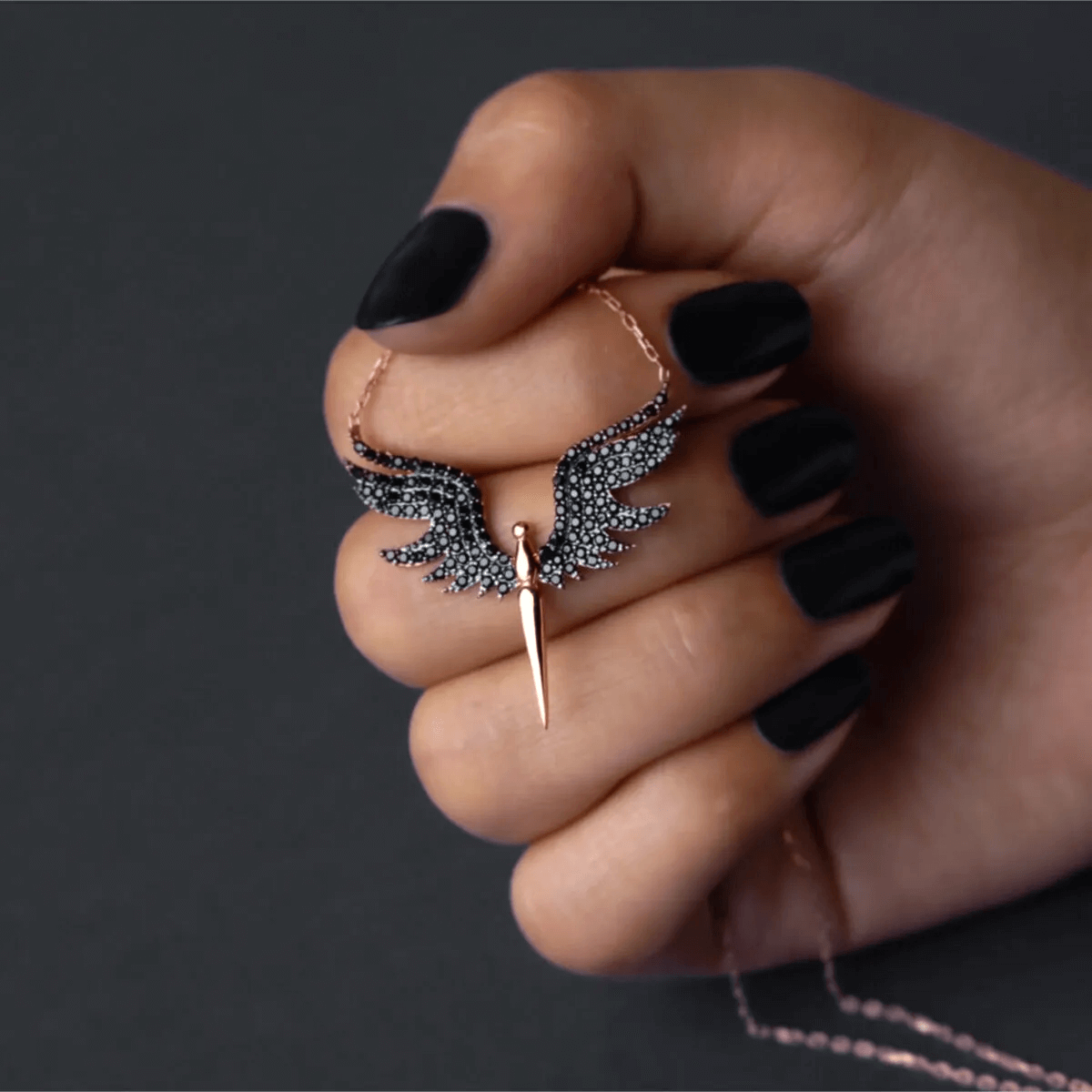 Angel Black Stones Pendant Necklace 925 Sterling Silver