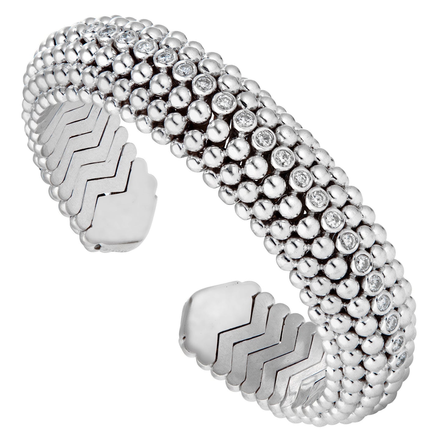 Bvlthtgari Dolce Vita 1950's Beaded Spiga Diamond 18k White Gold Cuff Bracelet