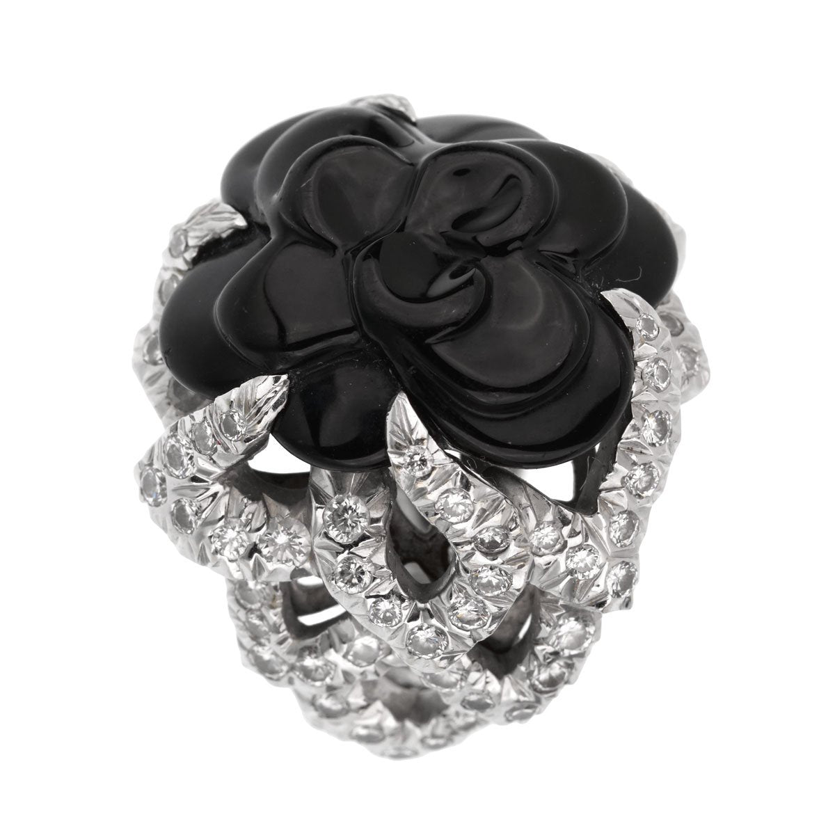 Chathtnel Camellia Diamond Onyx White Gold Ring