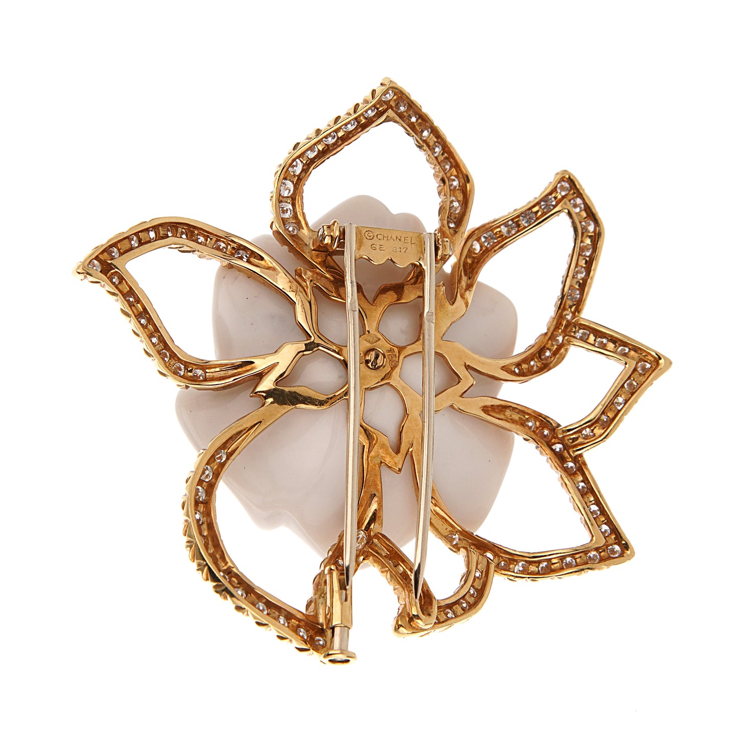 Chathtnel Camelia 18k Yellow Gold Diamond Brooch Pendant Necklace