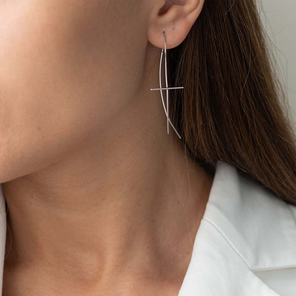 925 Sterling Silver Cross Threader Earrings Pull Through Chains