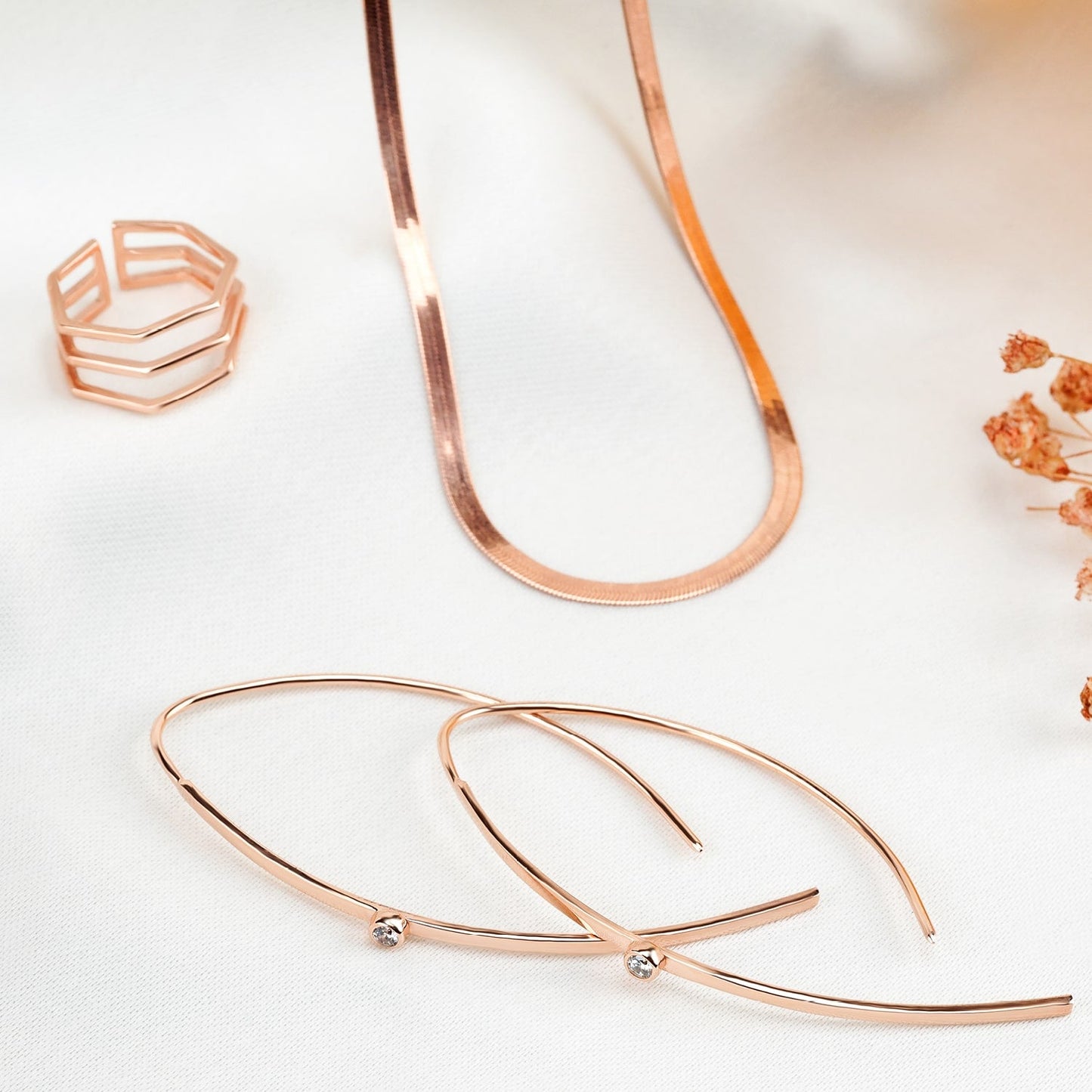 Rose Gold Curved Long Dangle Earrings with Zircon