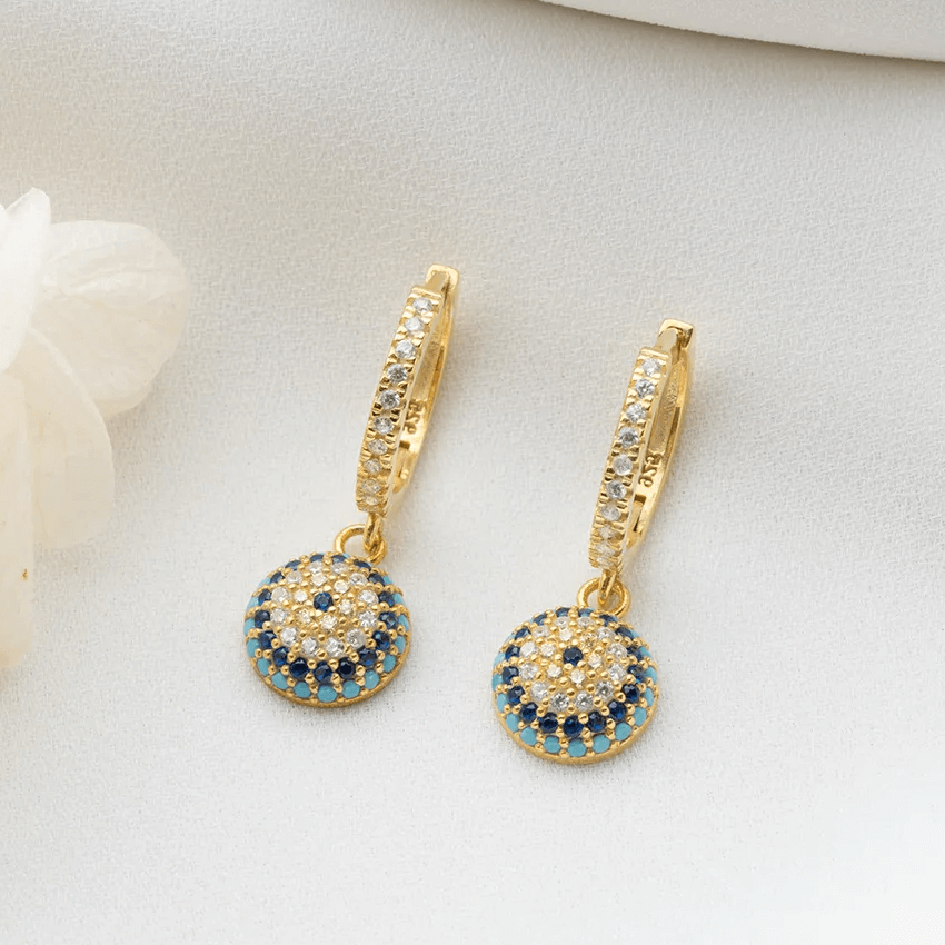 Dangle Evil Eye Charm Huggie Earrings 925 Sterling Silver