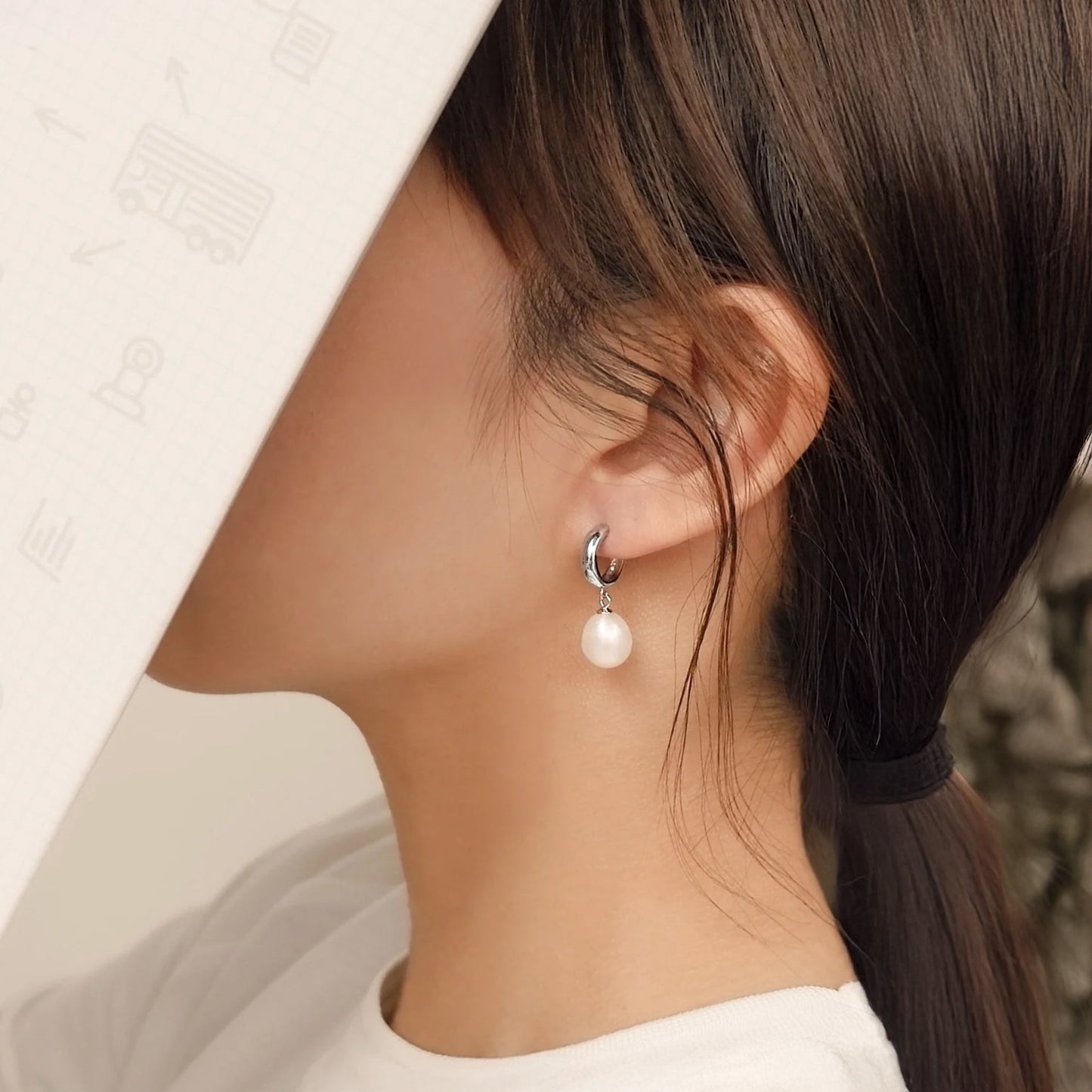 Silver Hoop Earrings with Dangling Pearl Drops