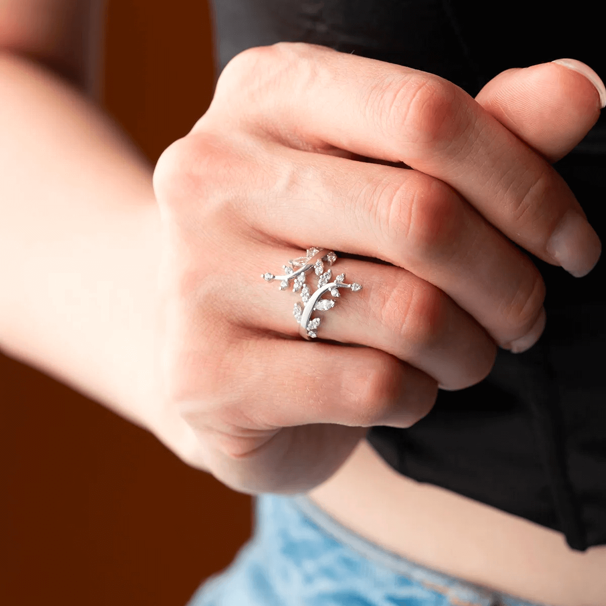 925 Silver Zircon Stone Olive Branch Adjustable Ring