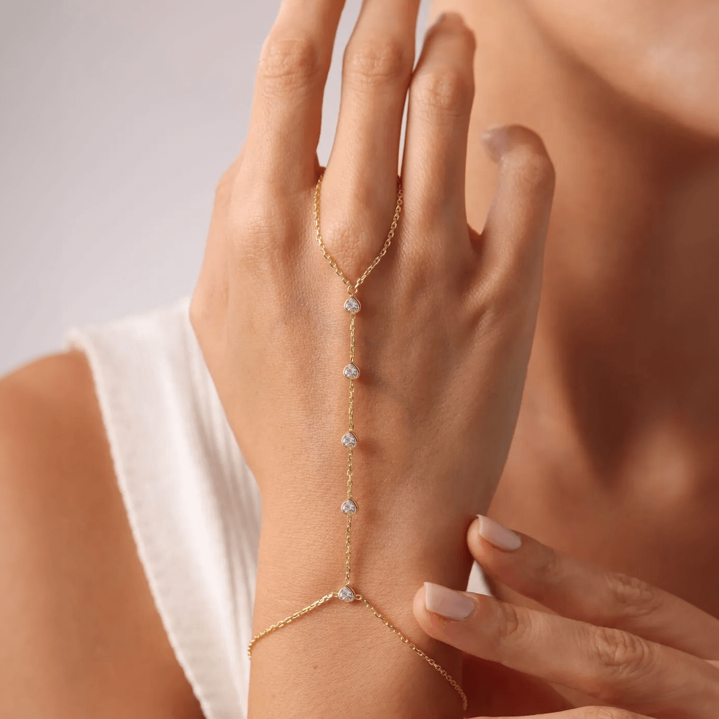 Golden Hand Chain Cubic Zirconia Ring Bracelet