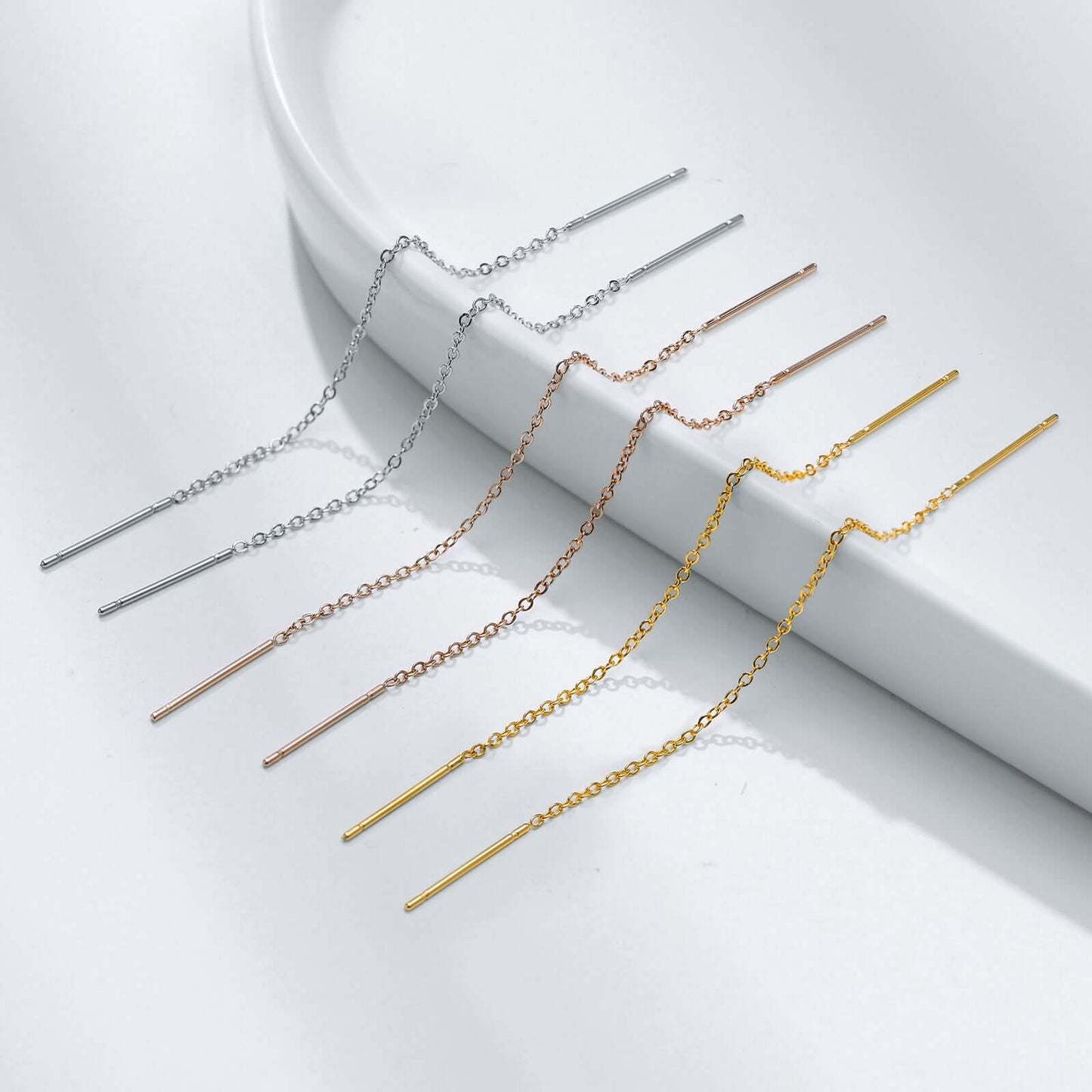 14k Solid Gold Threaders Delicate Long Chain Earrings