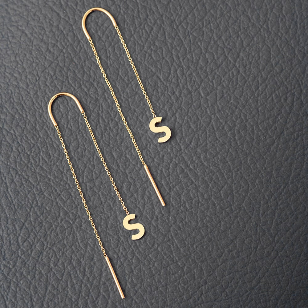 14k Yellow Gold Threader Earrings with Dangle Initial