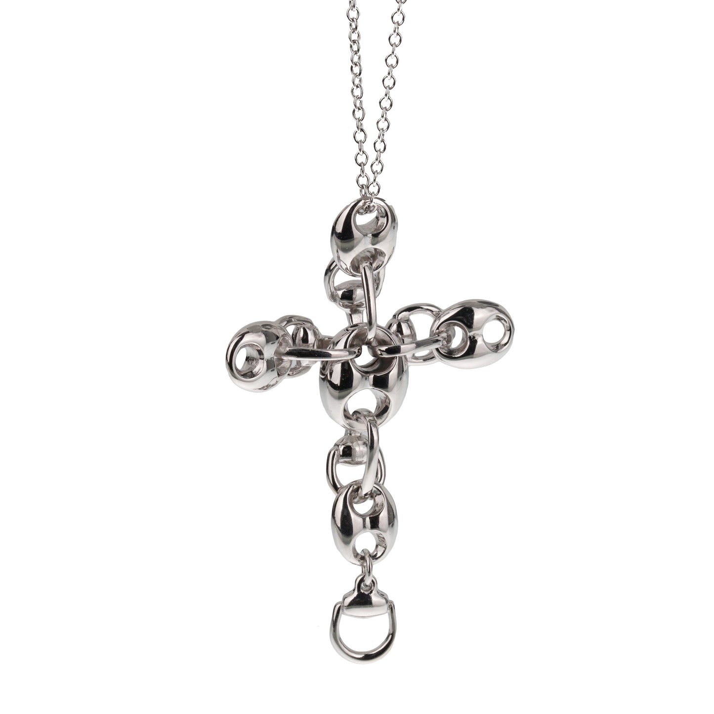 Guthtcci Vintage 18k White Gold Cross Marine Link Pendant Necklace