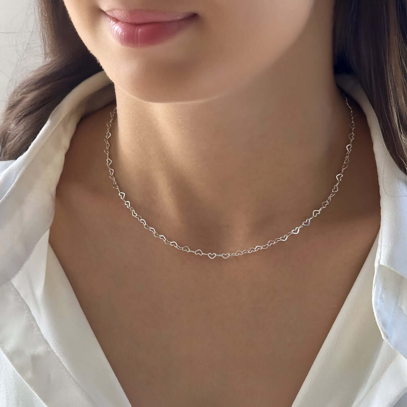 Heart Links Choker 925 Sterling Silver Chain Necklace