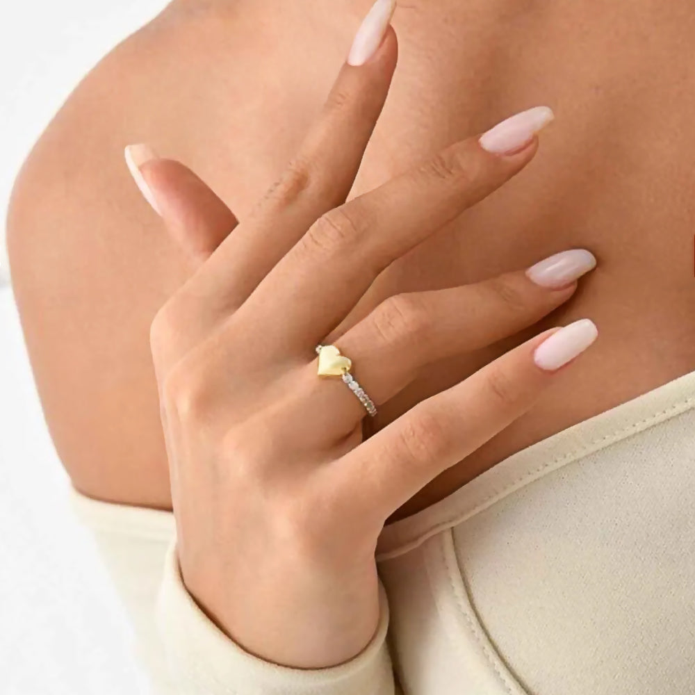 Mixed Metal Gold Heart Ring Silver Band with Zirconia