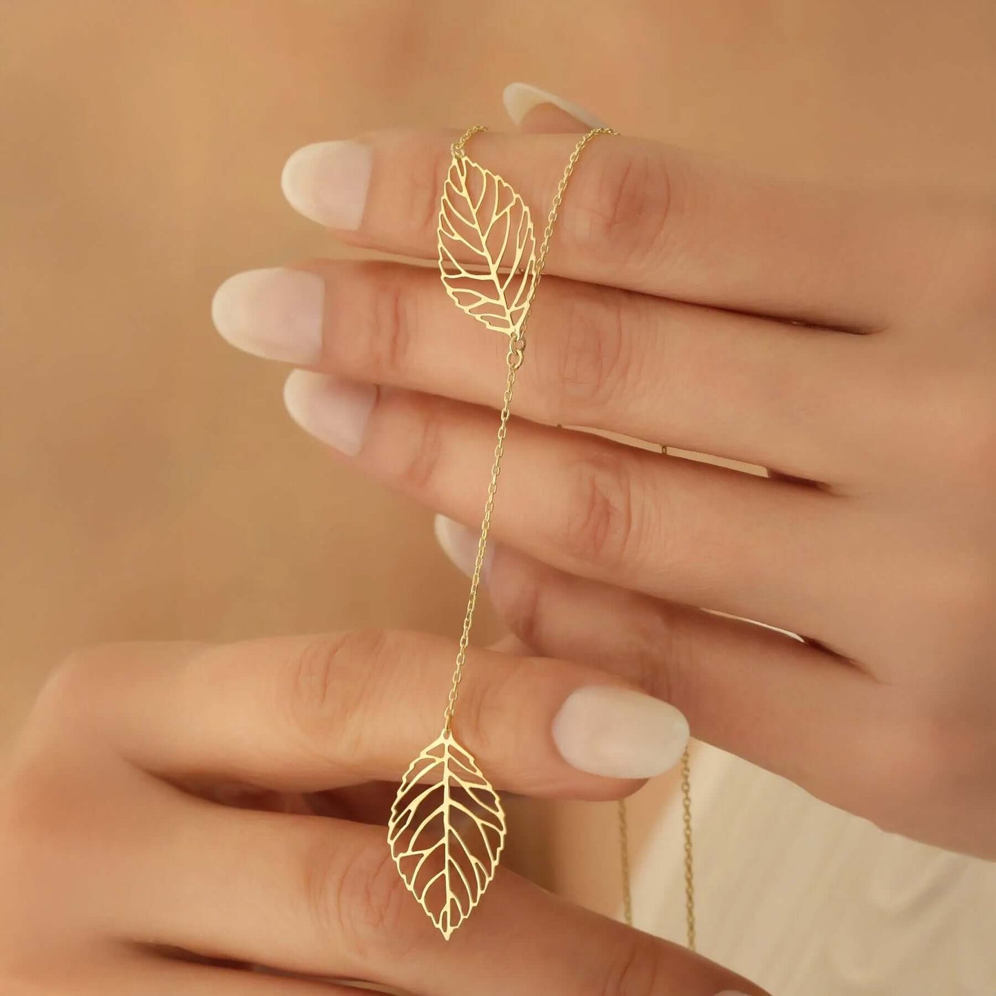 Leaf Drop Y Pendant Necklace 925 Silver Dainty Lariat