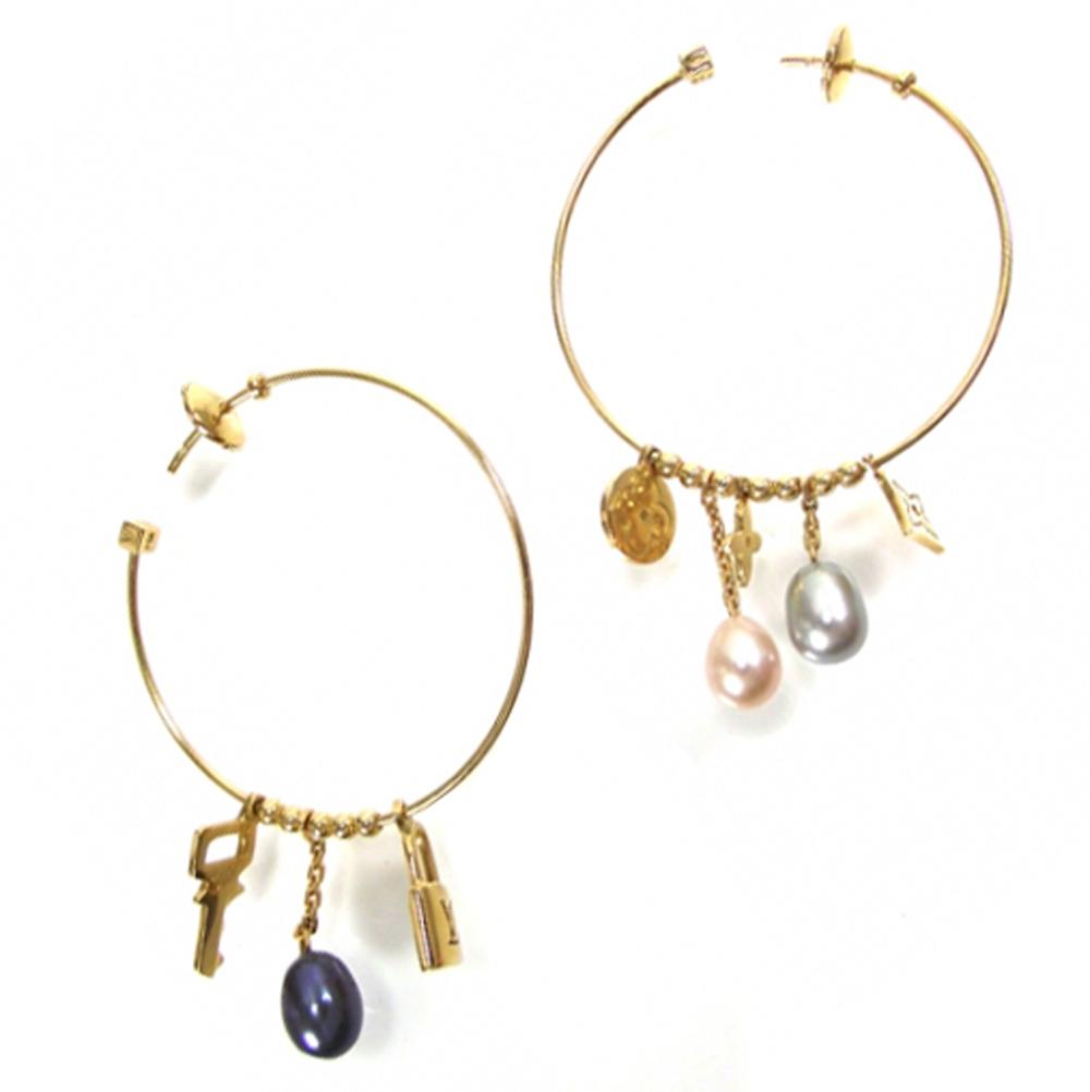 Lothtuis Vuithttton Charm and Pearl 18k Yellow Gold Hoop Earrings