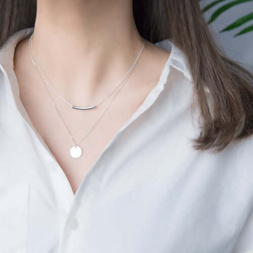 Double Chain Necklace Circle Pendant Layered Choker in Silver