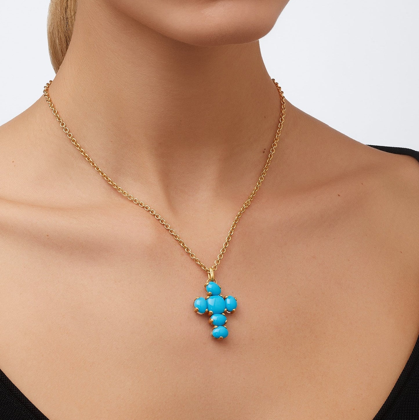 Pothtmellato Rose Gold Turquoise & Rock Crystal Cross Pendant Necklace