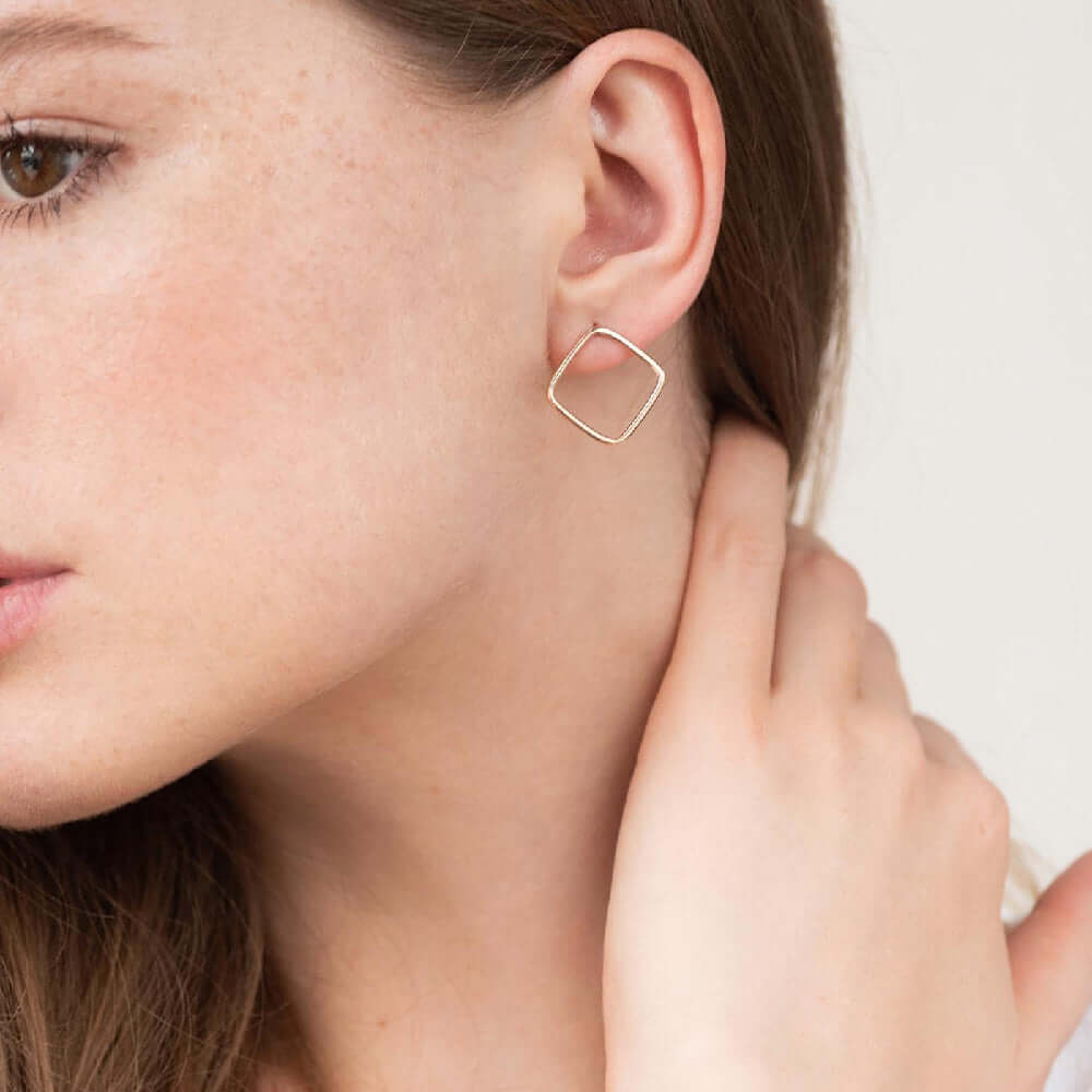 Open Rhomb Earrings Solid 14k Gold Studs Dainty Geometric Jewelry