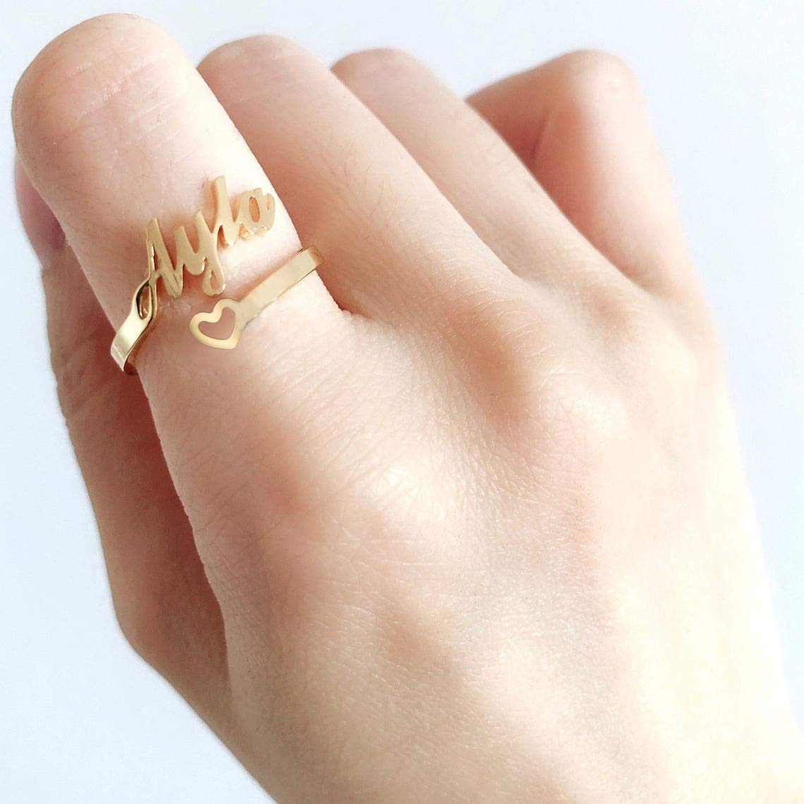 Custom Name Ring with Heart Gold Dainty Jewelry