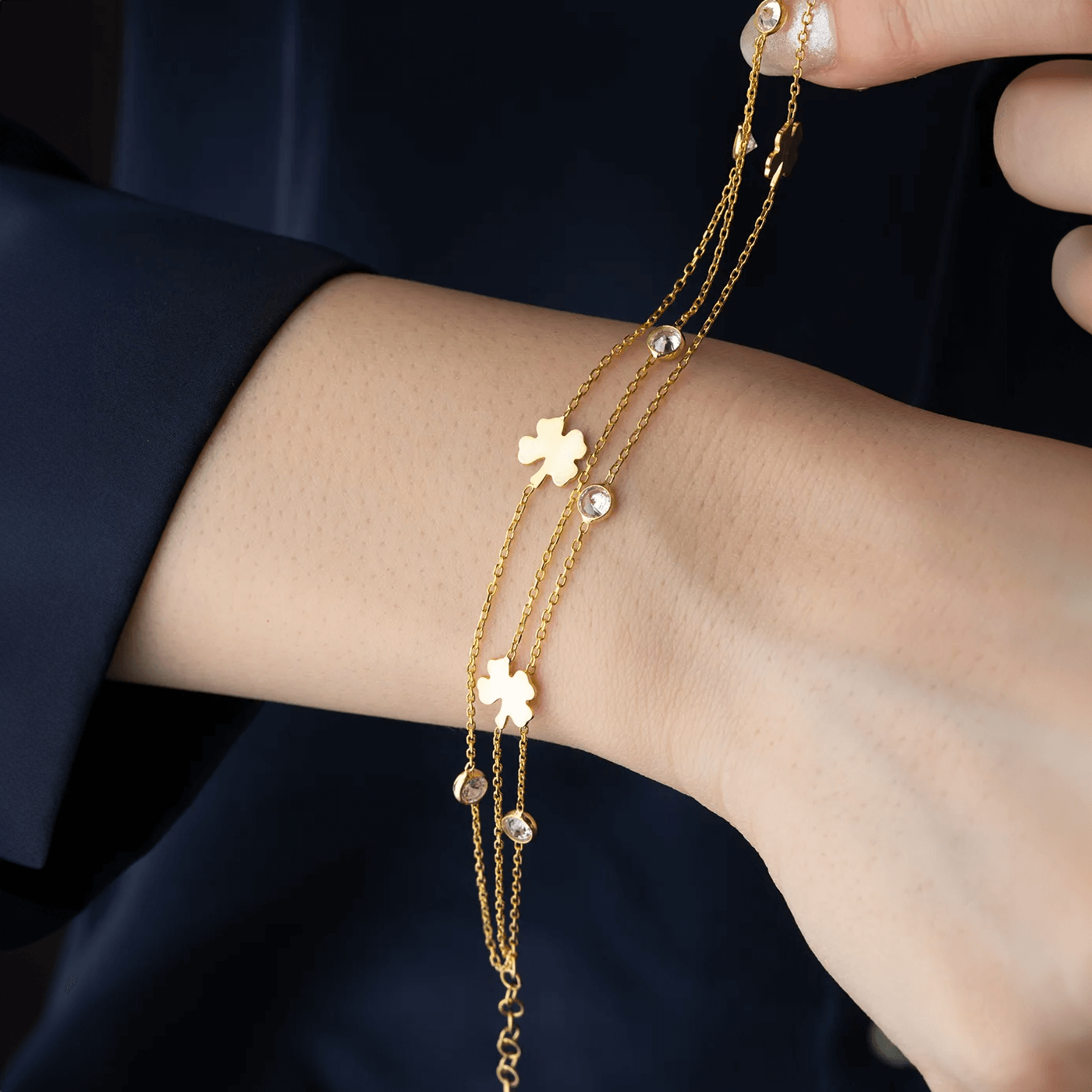 Rose Plated Sterling Silver Clover Layered Chain Bracelet