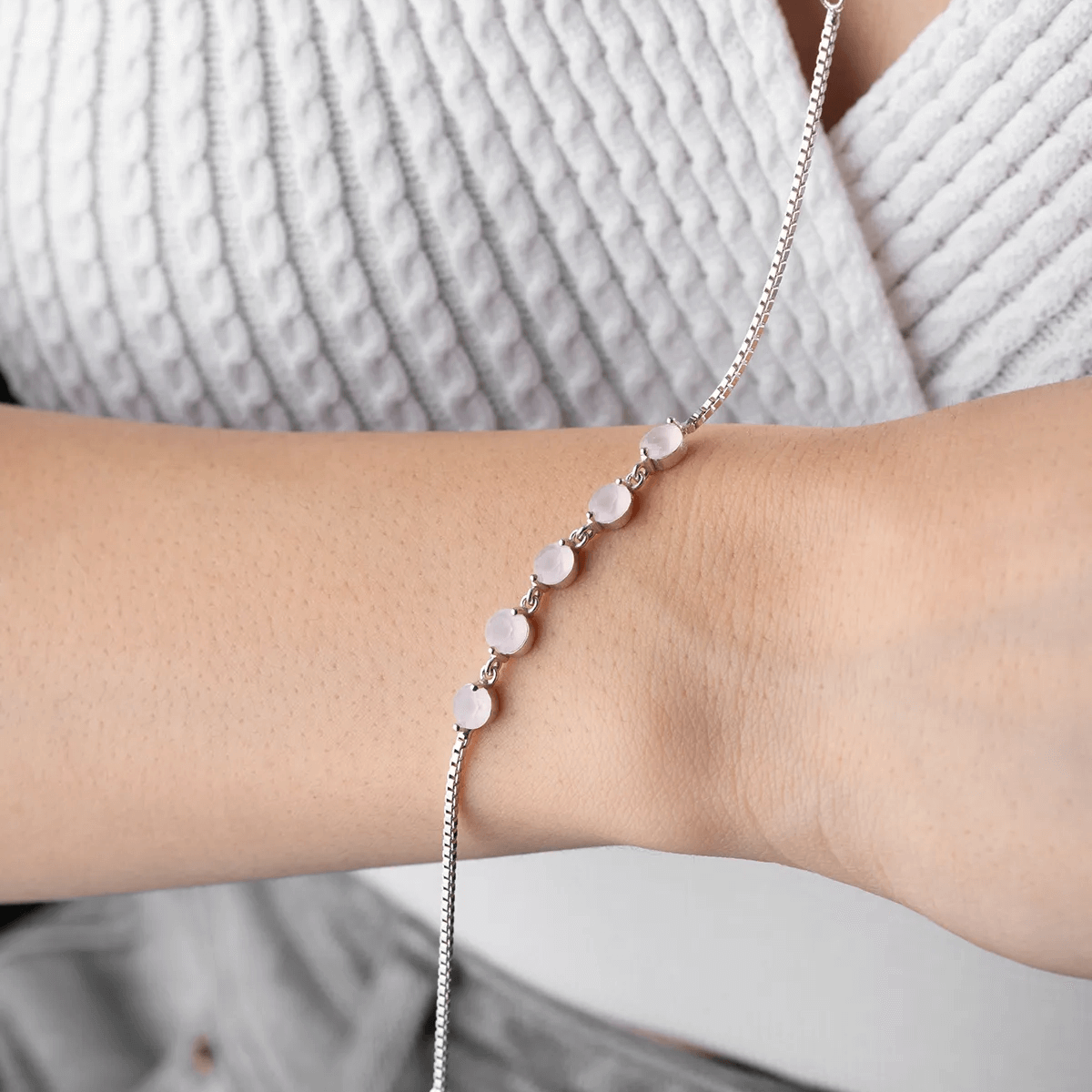 Round Opal Box Link Five Stone Bracelet in Sterling Silver