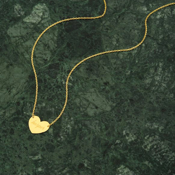 Solid Gold Heart Necklace with Chain Custom Engraving