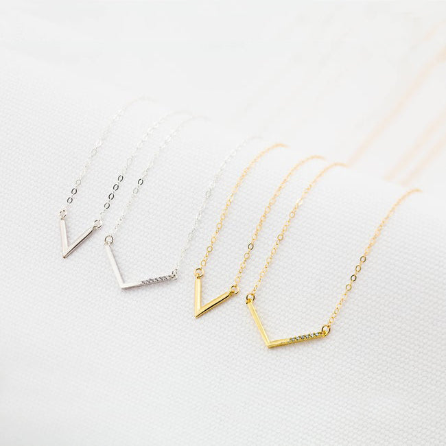 Chevron Necklace V Pendant with 6 Genuine Diamonds