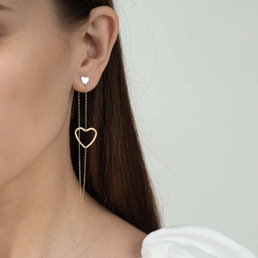 Long Chain Studs Heart Charm Dangling Earrings Silver Jewelry