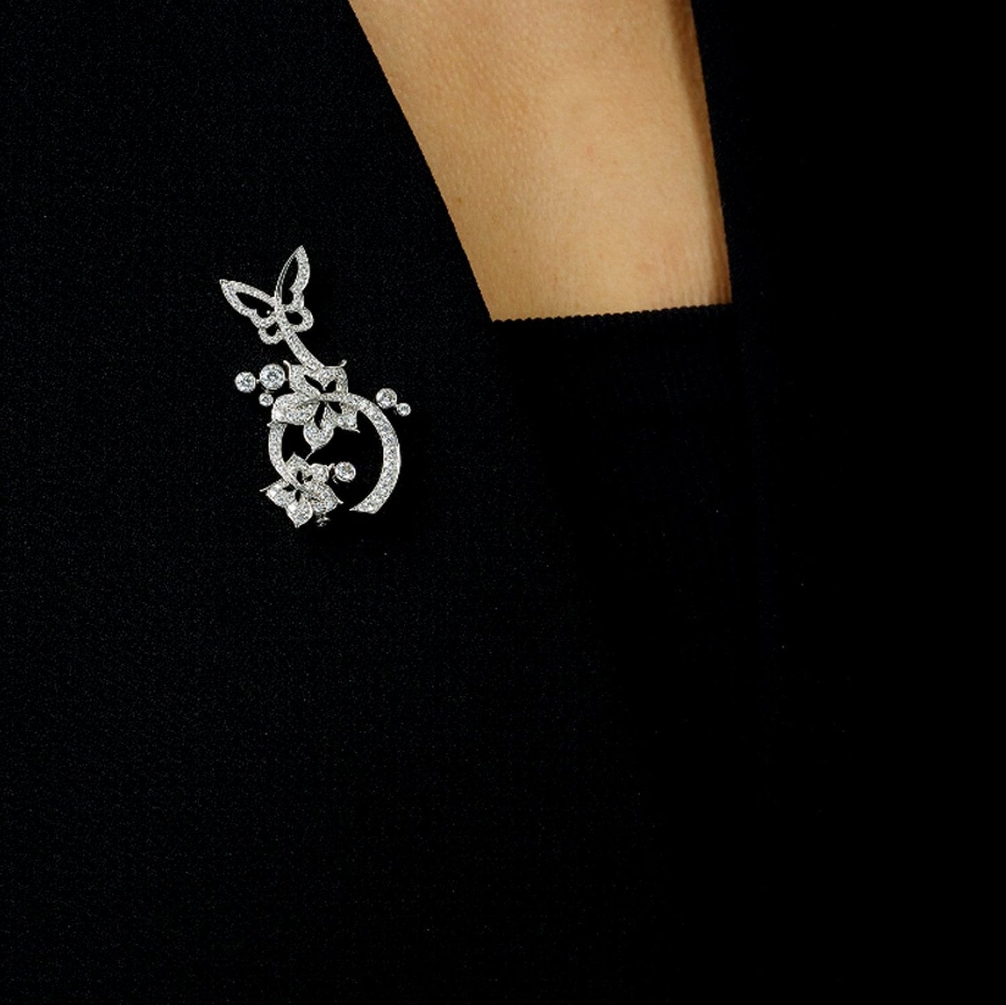 Vathtn Clthteef & Arpels Butterfly Diamond 18k White Gold Brooch Necklace