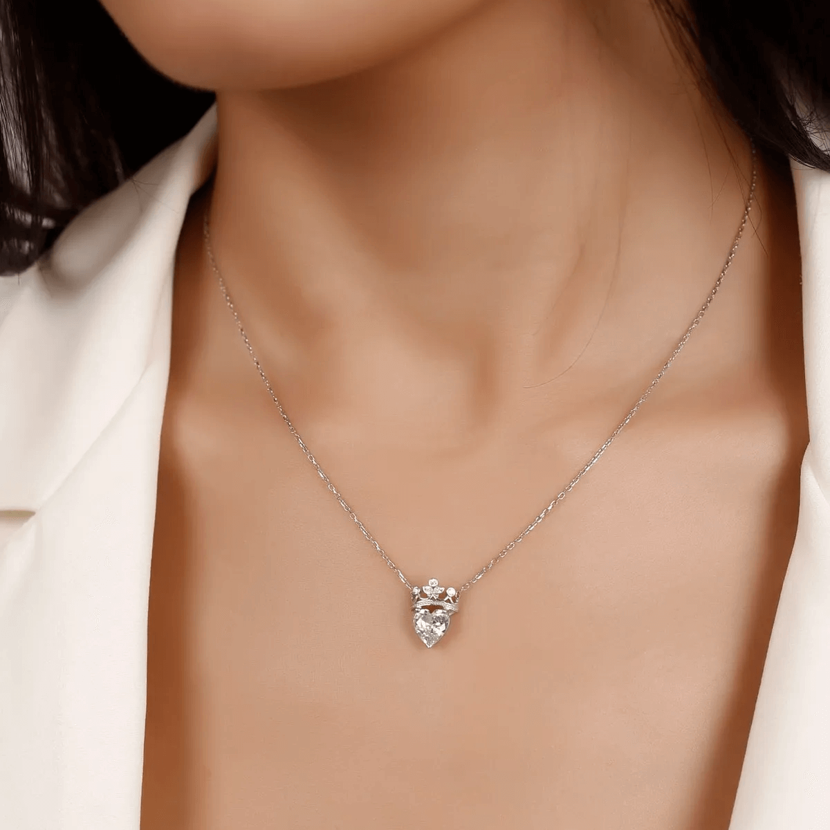 Gemstone Heart Queen Crown 925 Silver Necklace