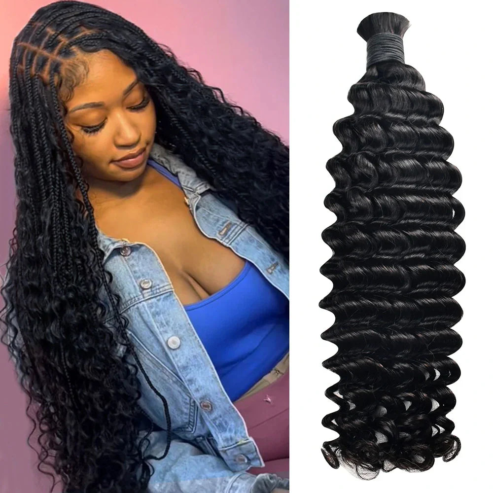#1 Jet Black Deep Wave Bulk Human Hair For Boho Braids CVOHAIR