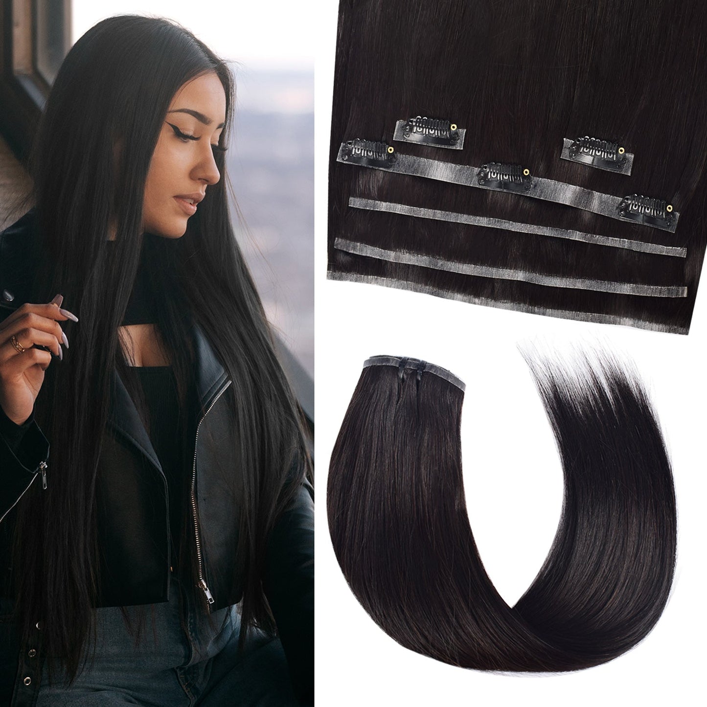 #1B 7Pcs Straight Free Shipping Small PU Seamless Clip ins Hair Extensions Real Human Hair 120G CVOHAIR
