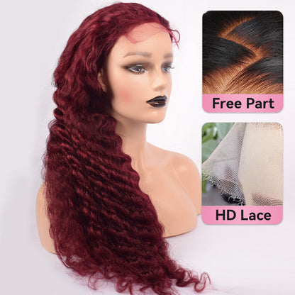 Free Shipping #99J 13*6 Pre-plucked Natural Hairline Breathable Airy Cap Deep Wave  100% Human Hair CVOHAIR
