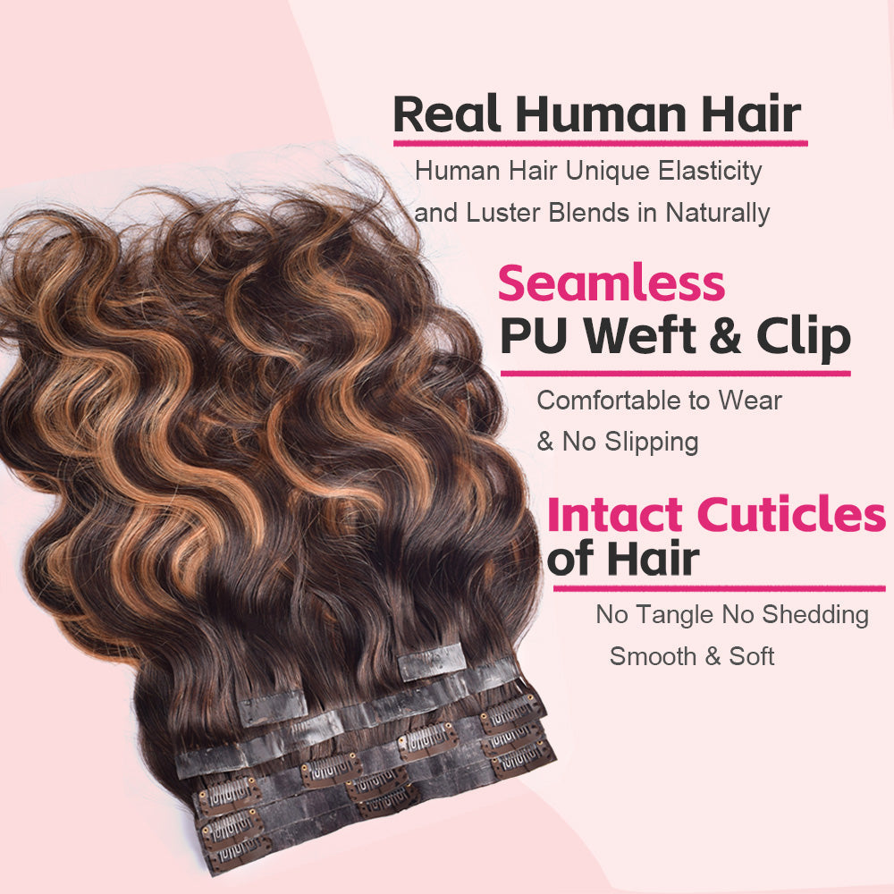 #P4/27/T4 6Pcs Free Shipping Body Wave Clip in Hair Extensions Real Human Hair PU Seamless Clip ins 120G CVOHAIR