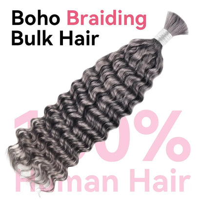 #Grey Deep Wave Bulk Human Hair For Braiding CVOHAIR